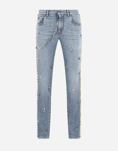 Shop Dolce & Gabbana Skinny Stretch Jeans With Keychain And Dg Pendants In Multicolor