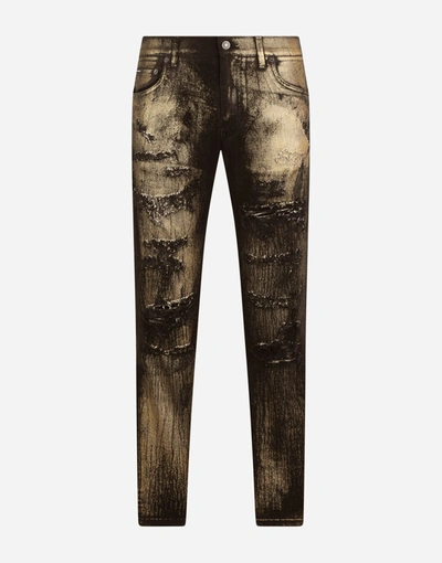 Shop Dolce & Gabbana Slim-fit Black Stretch Jeans With Gold Spray And Rips In Multicolor