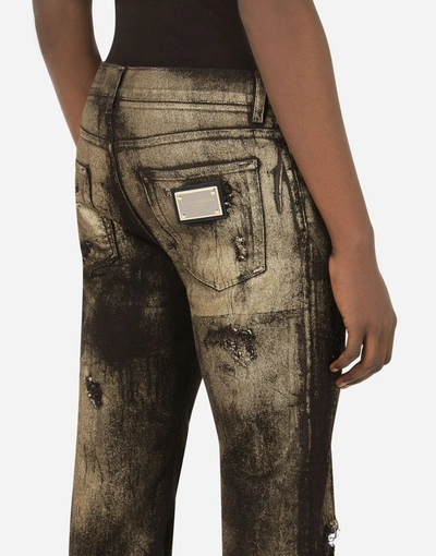 Shop Dolce & Gabbana Slim-fit Black Stretch Jeans With Gold Spray And Rips In Multicolor