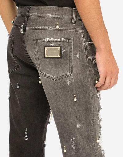 Shop Dolce & Gabbana Two-tone Regular-fit Jeans With Pearl Pendants And Dg Logo In Multicolor