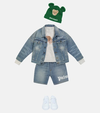 Palm Angels Blue Denim Jacket With White Print In Blue