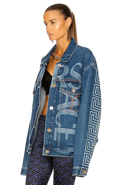 Shop Versace Logo Denim Jacket In Blue Indigo