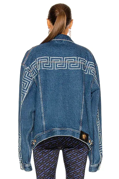 Shop Versace Logo Denim Jacket In Blue Indigo
