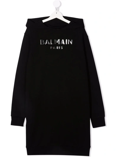 Shop Balmain Teen Logo-print Hoodie Dress In 黑色