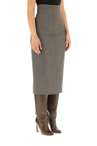 Shop Fendi High Waisted Midi Skirt In Wool In Brown