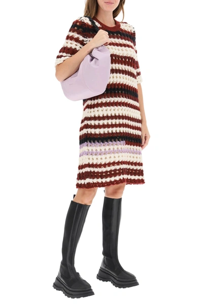 Shop Marni Striped Crochet Dress In White,black,red