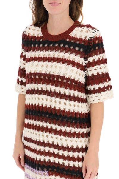 Shop Marni Striped Crochet Dress In White,black,red