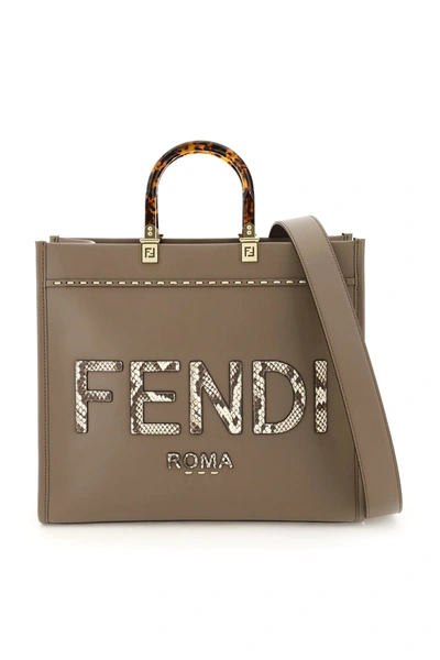 Fendi Large Sunshine Shopper Bag In ROMA Logo Calf Leather Brown