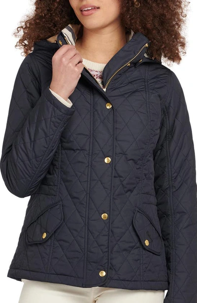 Shop Barbour Millfire Hooded Quilted Jacket In Navy/ Hessian