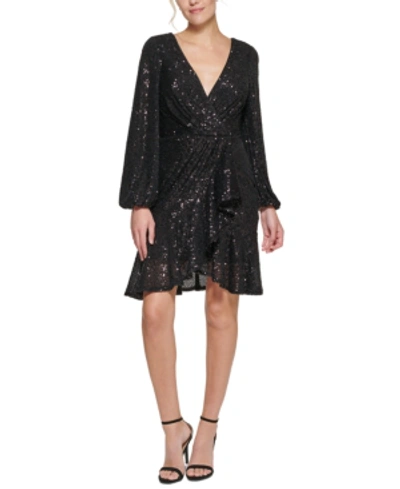Shop Eliza J Sequinned Faux-wrap Fit & Flare Dress In Black