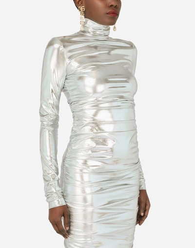Shop Dolce & Gabbana Foiled Jersey Mini Dress With Draping In Silver
