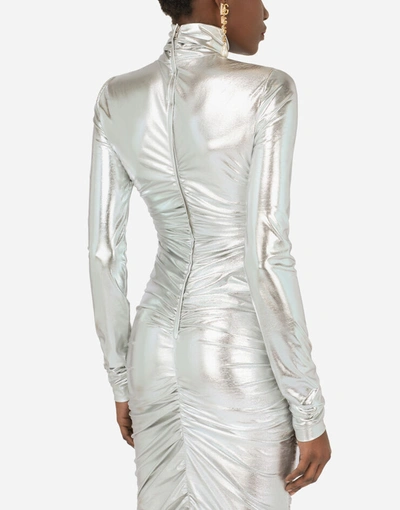 Shop Dolce & Gabbana Foiled Jersey Mini Dress With Draping In Silver