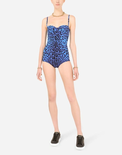 Shop Dolce & Gabbana Neon Leopard-print One-piece Balconette Swimsuit In Multicolor
