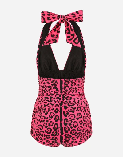 Shop Dolce & Gabbana Neon Leopard-print One-piece Swimsuit With Draping In Multicolor