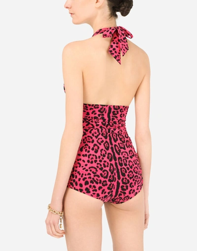 Shop Dolce & Gabbana Neon Leopard-print One-piece Swimsuit With Draping In Multicolor