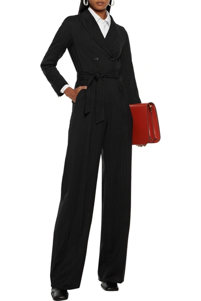 Shop Max Mara Diana Double-breasted Belted Pinstriped Wool-twill Jumpsuit In Black