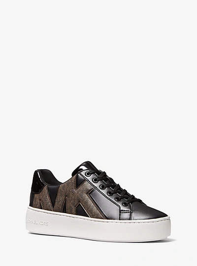 Shop Michael Kors Poppy Logo And Faux Patent Leather Sneaker In Brown