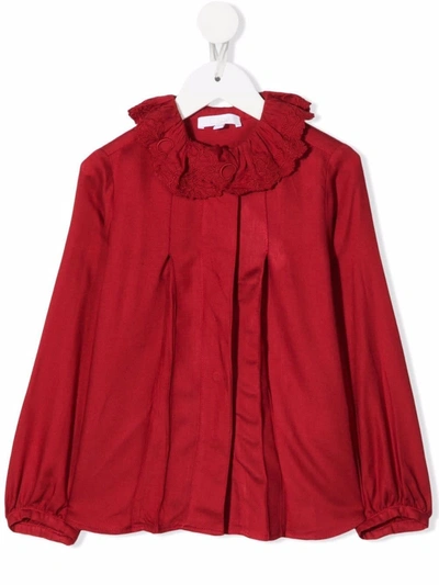 Shop Chloé Baby Red Shirt With Embroidered Collar In Bordeaux