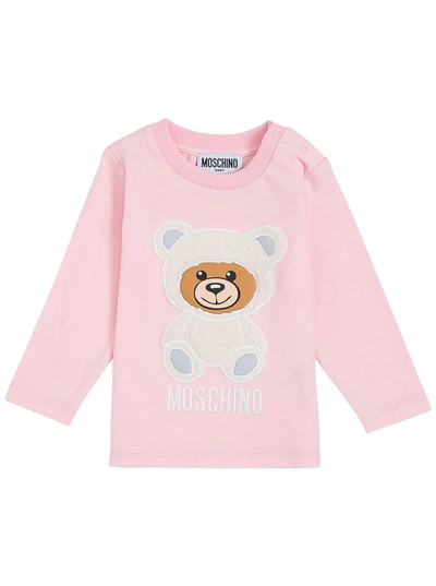 Shop Moschino Long-sleeved Pink Cotton T-shirt With Teddy Bear Print