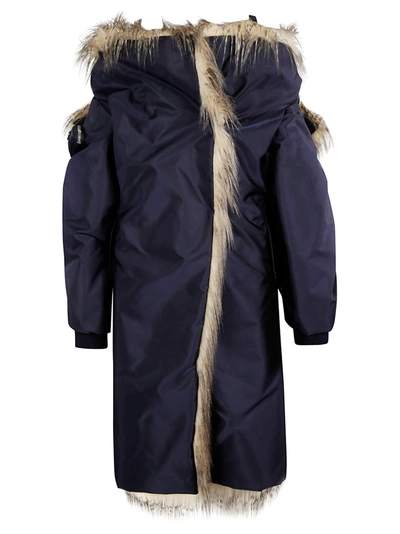 Prada Faux Fur-lined Off-the-shoulder Re-nylon Coat In Navy