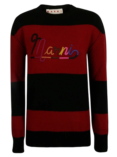 Shop Marni Logo Embroidered Stripe Detail Ribbed Pullover In Black/red