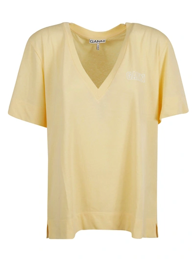 Shop Ganni Chest Logo V-neck T-shirt In Yellow