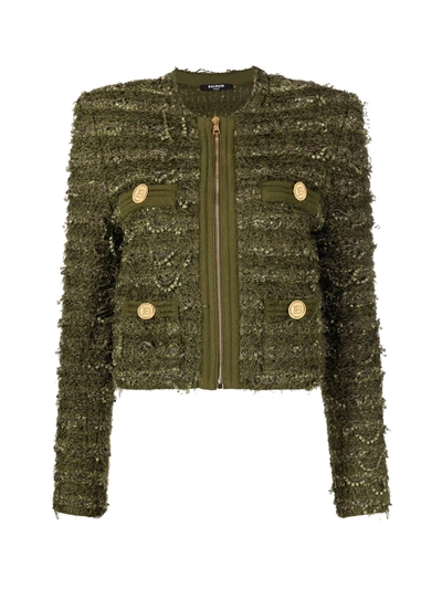 Shop Balmain Collarless Zipped Tweed Jacket In Aq Kaki