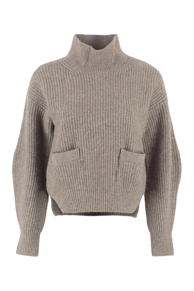 Shop Self-portrait Cashmere Blend Turtleneck Sweater In Taupe