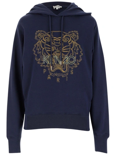 Shop Kenzo Tiger Logo Embroidered Drawstring Hoodie In Navy
