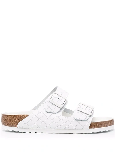 Shop Birkenstock Crocodile-effect Double-strap Leather Sandals In 白色