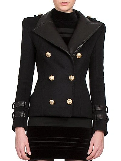 Shop Balmain Wool & Leather Military Jacket In Black