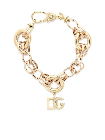Shop Dolce & Gabbana 18kt Gold Dg Logo Charm Link Bracelet