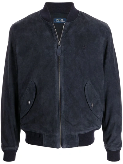 Shop Polo Ralph Lauren Embroidered-logo Suede Bomber Jacket In Blue