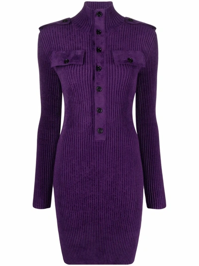 Shop Bottega Veneta Ribbed-knit Softly-textured Mini Dress In Purple