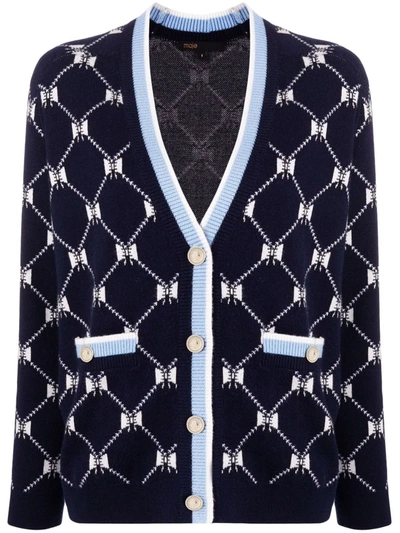 Maje Womens Bleus Bow-patterned Jacquard Cardigan 12 In Navy | ModeSens
