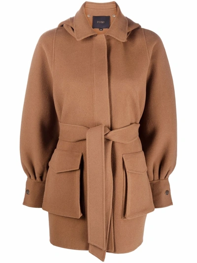 Maje Double-faced Wool Blend Belted Coat In Tobacco | ModeSens