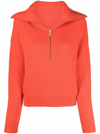 Shop Maje Zip-front Merino Sweater In Orange