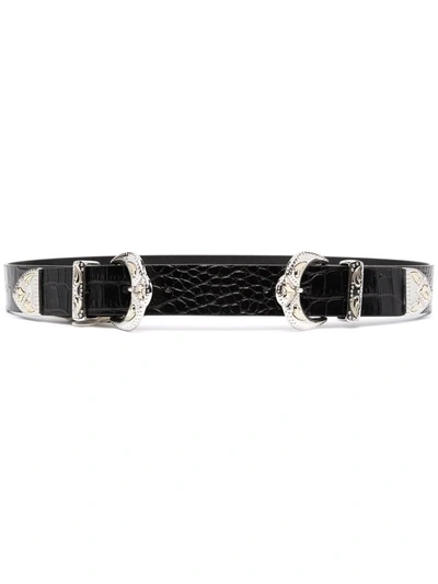 Maje Ariona Double Buckle High Waisted Reptile-embossed Leather Belt In  Black | ModeSens