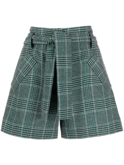 Shop Maje Check-pattern Belted Shorts In Green