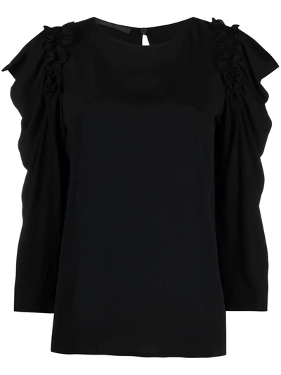 Shop Alberta Ferretti Ruched-trim Long-sleeved Blouse In Black