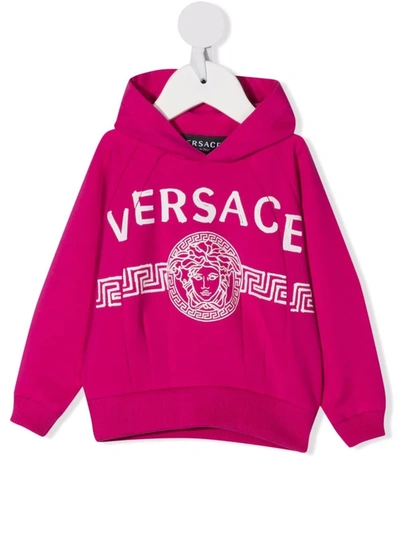 Shop Versace Logo-print Cotton Hoodie In Pink
