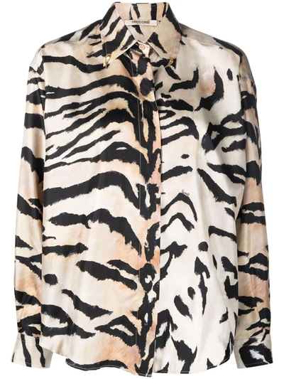 Shop Roberto Cavalli Tiger Stripe-print Silk Shirt In Neutrals