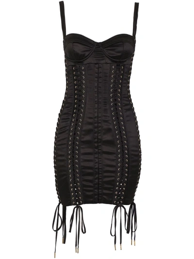 Dolce & Gabbana Laced Bustier-bodice Satin Mini Dress In Schwarz