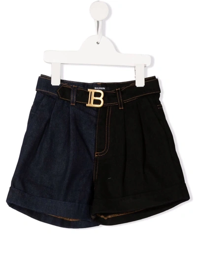 Shop Balmain Kids Shorts In Blue And Black Denim With Monogram Buckle In Blu/nero