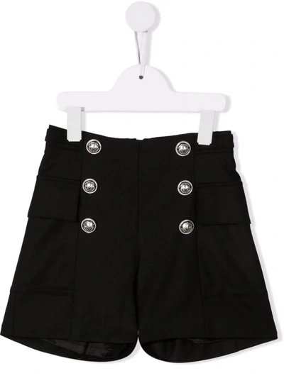 Shop Balmain Black Kids Shorts With Silver Buttons And Side Buckles In Black/silver