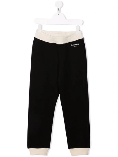 Shop Balmain Black Kids Joggers With Contrast Logo And Profiles In Black/beige