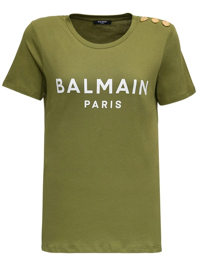 Shop Balmain Green Cotton T-shirt With Logo Print