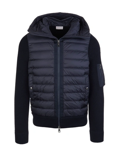 Shop Moncler Man Navy Blue Padded Hooded Cardigan