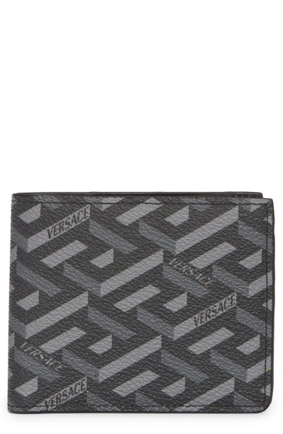 Shop Versace Greca Monogram Faux Leather Wallet In Nero Grigio