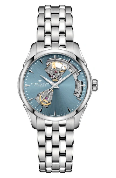 Shop Hamilton Jazzmaster Open Heart Bracelet Watch, 36mm In Light Blue/silver